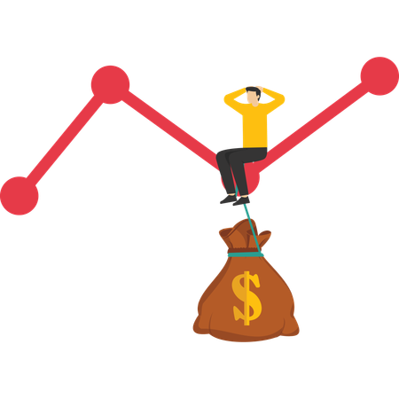 Homme d'affaires assis sur un graphique de croissance pondéré avec des sacs de coûts  Illustration