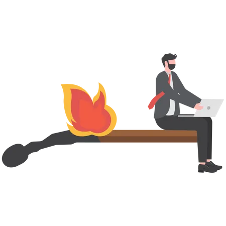 Homme d'affaires assis sur une allumette brûlante  Illustration