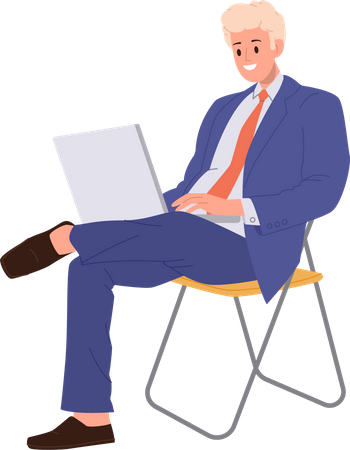 Homme d'affaires assis sur une chaise utilisant un ordinateur portable pour travailler à distance à la maison  Illustration