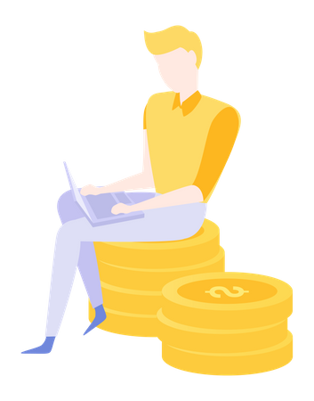 Homme d'affaires assis sur une pile de pièces d'or avec un ordinateur portable  Illustration
