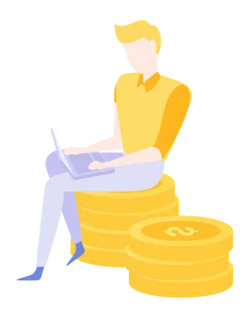 Homme d'affaires assis sur une pile de pièces d'or avec un ordinateur portable  Illustration