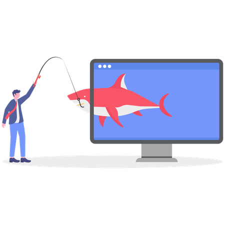 Un homme d'affaires attrape un requin depuis son ordinateur  Illustration
