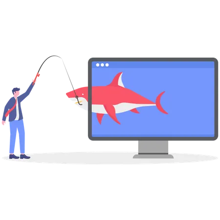 Un homme d'affaires attrape un requin depuis son ordinateur  Illustration