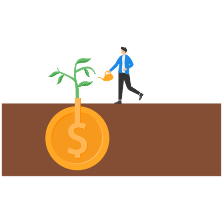 Homme d'affaires avec arrosoir arrosant une plante à monnaie  Illustration