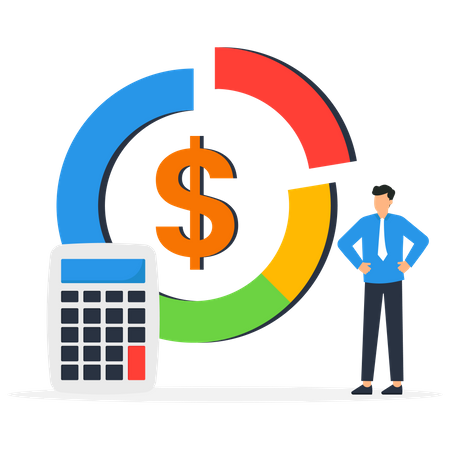 Homme d'affaires avec calculatrice avec diagramme circulaire de la structure des coûts  Illustration