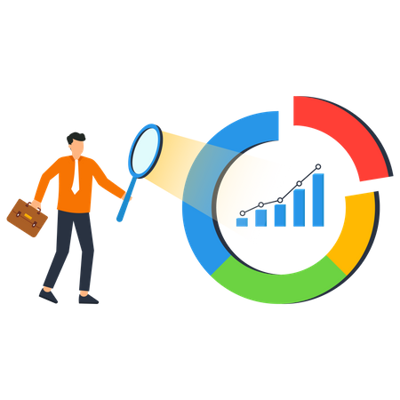 Homme d'affaires avec grossissement sur le diagramme du cycle économique  Illustration