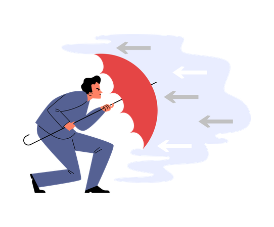 Un homme d'affaires avec un parapluie ouvert se protège des flèches  Illustration