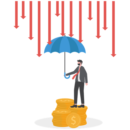 Homme d'affaires avec un parapluie protégeant la pluie des flèches en cas de crise économique  Illustration