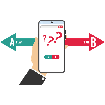 Homme d'affaires avec smartphone confus au sujet de deux choix : Plan A ou Plan B  Illustration