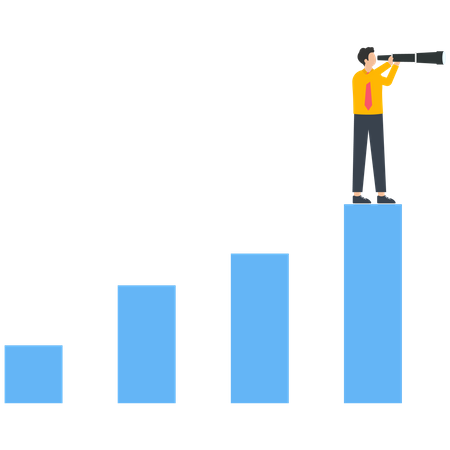 Homme d'affaires avec télescope debout au sommet du graphique à barres  Illustration