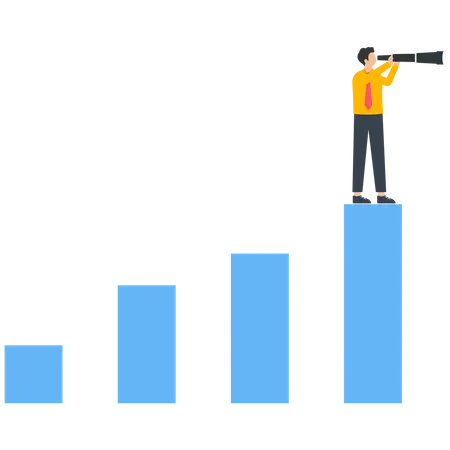 Homme d'affaires avec télescope debout au sommet du graphique à barres  Illustration