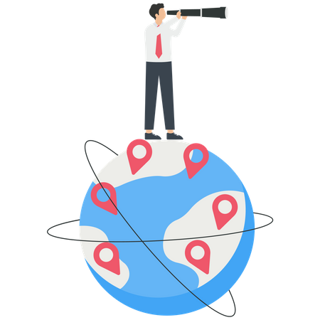 Homme d'affaires avec télescope debout sur le grand globe  Illustration