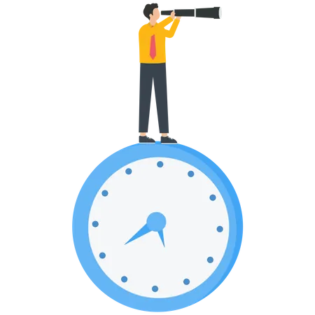 Homme d'affaires avec télescope debout sur une horloge  Illustration