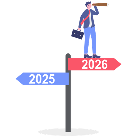 Homme d'affaires avec un télescope debout et regardant au loin des panneaux de direction abstraits  Illustration