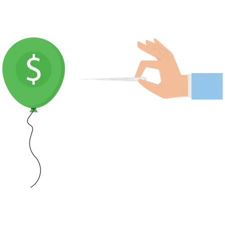 Un homme d'affaires avec une aiguille perce un ballon de pièce de monnaie en dollars américains  Illustration