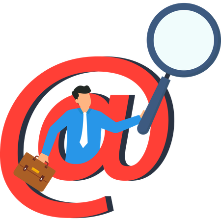 Homme d'affaires avec une loupe recherchant un e-mail au symbole pour l'analyse des données et la communication en ligne  Illustration