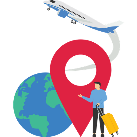 Homme d'affaires avec valise pour la planification de voyages en tournée mondiale en été  Illustration