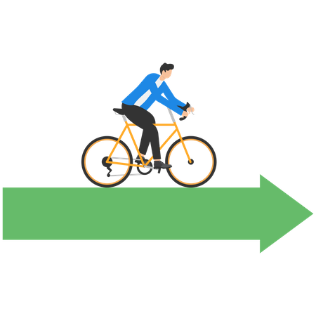 Homme d'affaires avec vélo marchant sur une flèche abstraite  Illustration