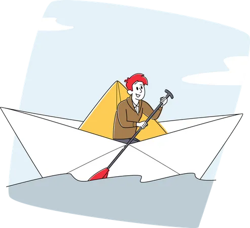 Homme d'affaires avec voile à aubes sur bateau en papier  Illustration
