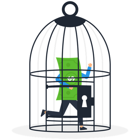 Homme d'affaires verrouillant la pièce dans une cage à oiseaux  Illustration