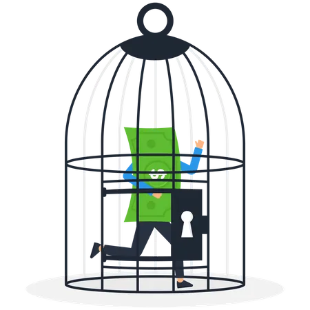 Homme d'affaires verrouillant la pièce dans une cage à oiseaux  Illustration