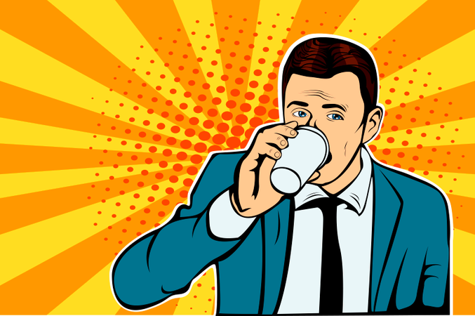 Homme d'affaires buvant une tasse de café regardant de côté. Illustration vectorielle dans un style bande dessinée rétro pop art.  Illustration