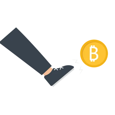 Homme d'affaires donnant un coup de pied à une pièce de monnaie Bitcoin  Illustration