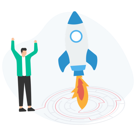 Un homme d'affaires célèbre le lancement réussi de sa startup depuis le centre Maze  Illustration