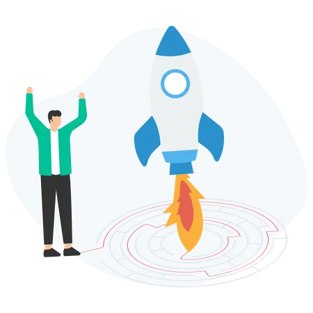 Un homme d'affaires célèbre le lancement réussi de sa startup depuis le centre Maze  Illustration