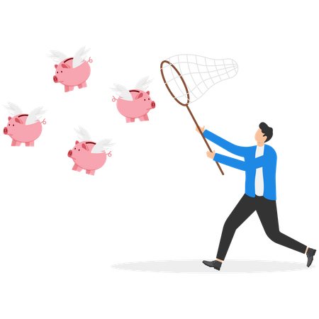Homme d'affaires chassant pour attraper une tirelire rose volante  Illustration
