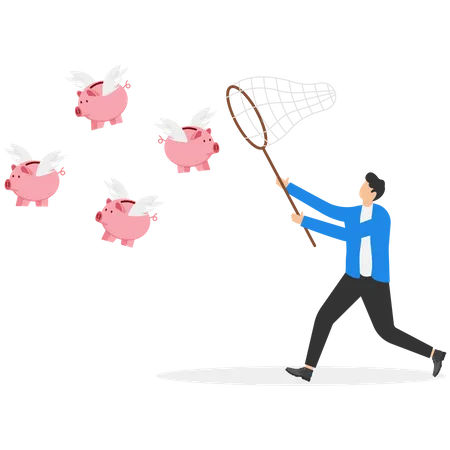 Homme d'affaires chassant pour attraper une tirelire rose volante  Illustration