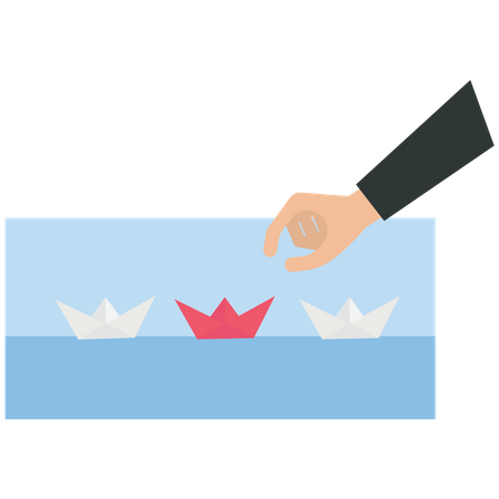 L'homme d'affaires choisit un bateau en papier rouge  Illustration