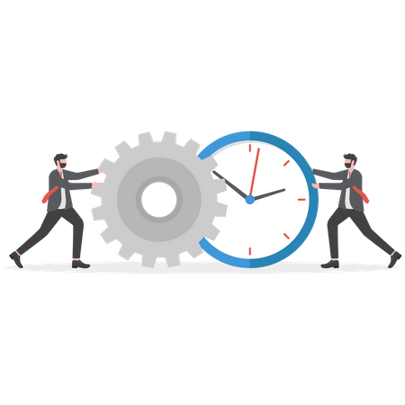 Un homme d'affaires combine une minuterie d'horloge et une roue dentée pour une meilleure efficacité  Illustration