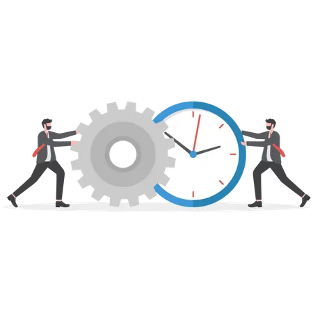 Un homme d'affaires combine une minuterie d'horloge et une roue dentée pour une meilleure efficacité  Illustration