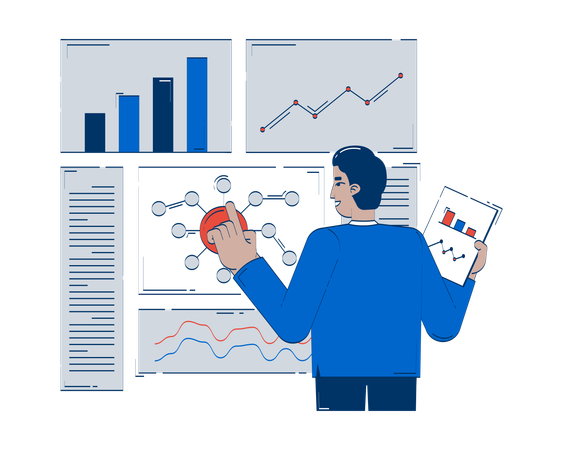 Homme d'affaires comparant les résultats et l'évaluation des données  Illustration