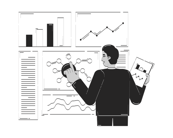 Homme d'affaires comparant les résultats et l'évaluation des données  Illustration