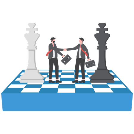 Concurrents d'hommes d'affaires debout sur une poignée de main aux échecs après avoir terminé l'accord  Illustration