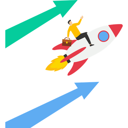 Homme d'affaires conduisant un propulseur de fusée avec des flèches de croissance  Illustration