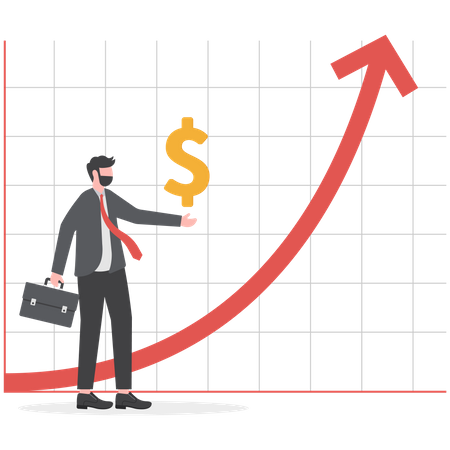 Un homme d'affaires confiant détient un dollar avec une courbe de croissance  Illustration