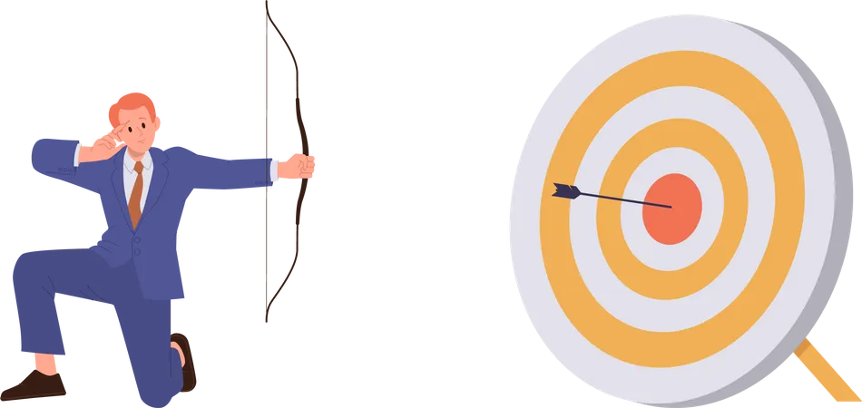 Un homme d'affaires confiant et prospère qui frappe un défi commercial gagnant avec la cible Bullseye  Illustration