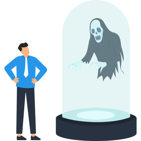 Un homme d'affaires affrontant la Grande Faucheuse dans une vitrine  Illustration