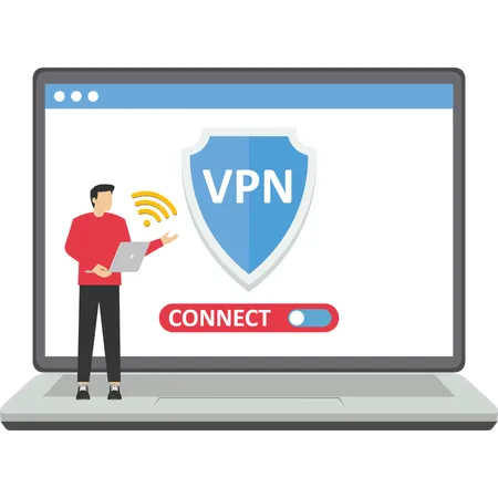 L'homme d'affaires connecte son ordinateur avec la sécurité VPN  Illustration