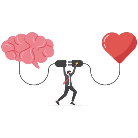 Un homme d'affaires connecte le sentiment cardiaque avec le cerveau de la pensée logique  Illustration