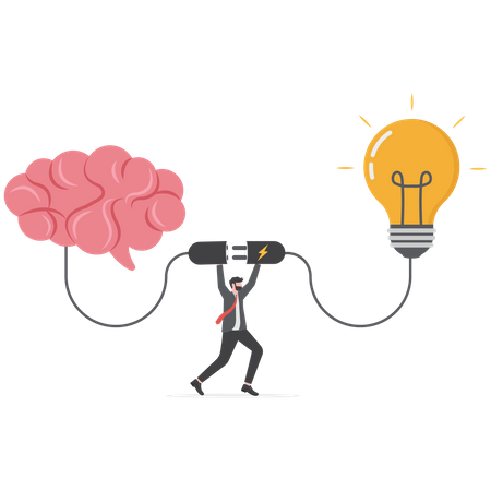 Homme d'affaires connecte le cerveau et l'ampoule  Illustration