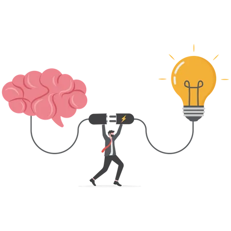 Homme d'affaires connecte le cerveau et l'ampoule  Illustration
