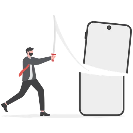 Un homme d'affaires coupe un smartphone avec une épée  Illustration