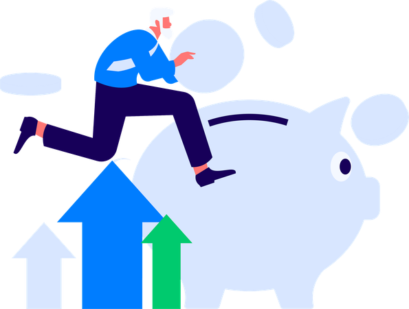 Homme d'affaires courant avec une pièce de monnaie pour faire ses économies  Illustration