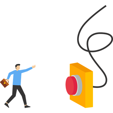 Homme d'affaires courant en toute hâte pour appuyer sur le bouton d'urgence rouge  Illustration