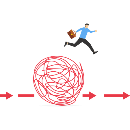 Un homme d'affaires parcourt le chemin et saute la ligne désordonnée du chaos  Illustration