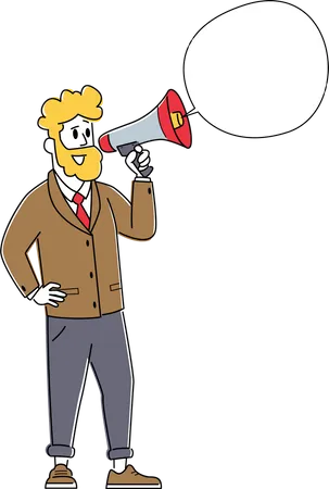 Homme d'affaires criant au mégaphone ou au haut-parleur avec bulle vocale.  Illustration